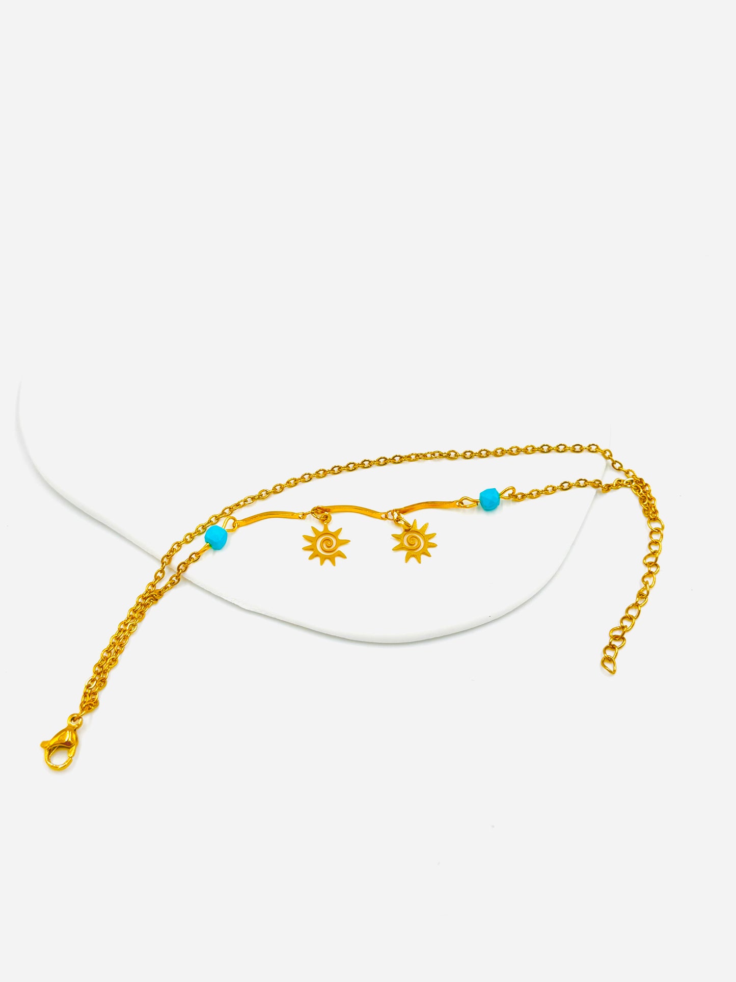 Sun Charm Bracelet with Blue Beads – 18K Gold Plated, Boho Style & Hypoallergenic