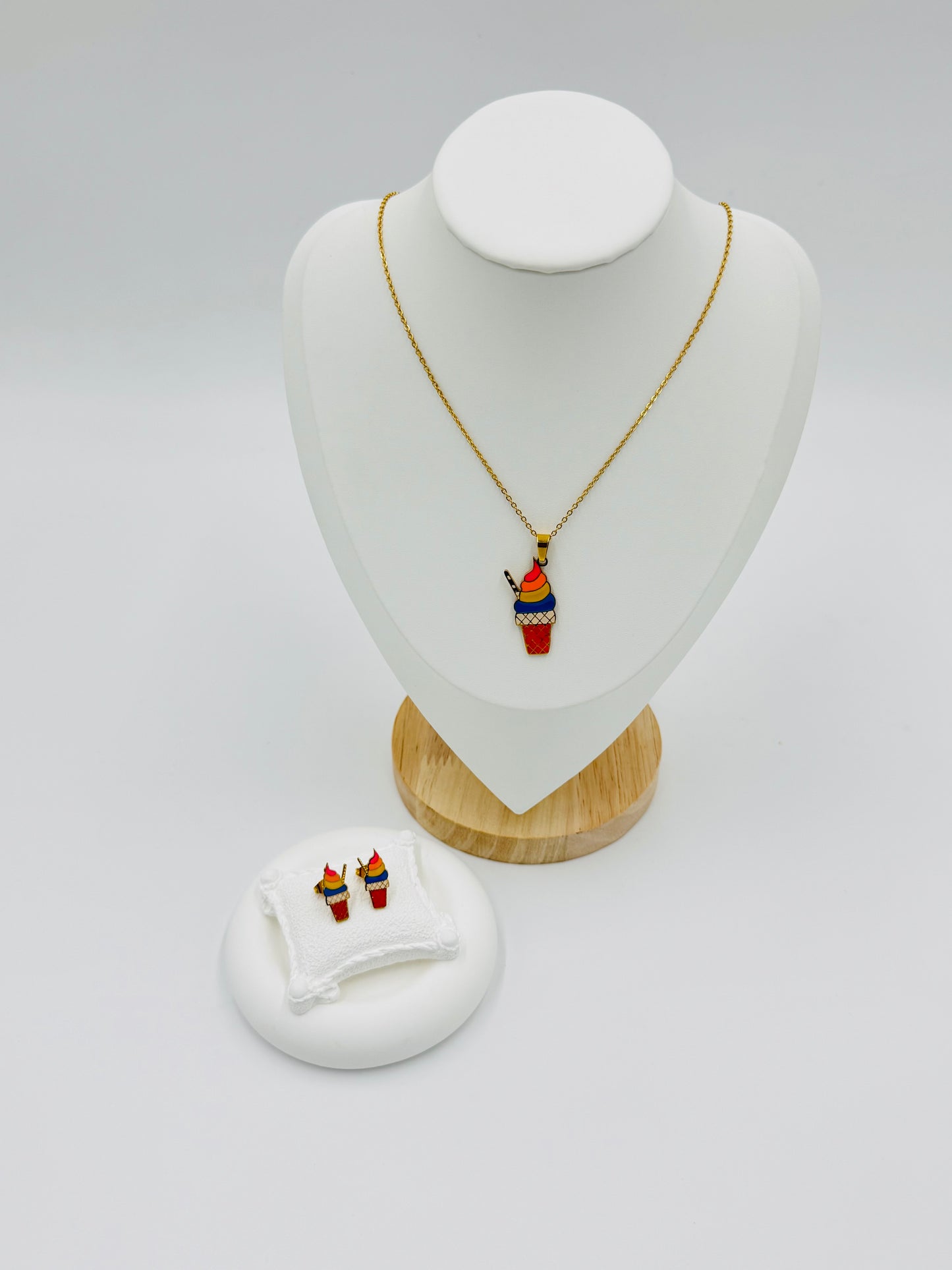 Colorful Ice Cream Pendant Necklace and Earring Set | Non-Tarnish, Hypoallergenic Jewelry