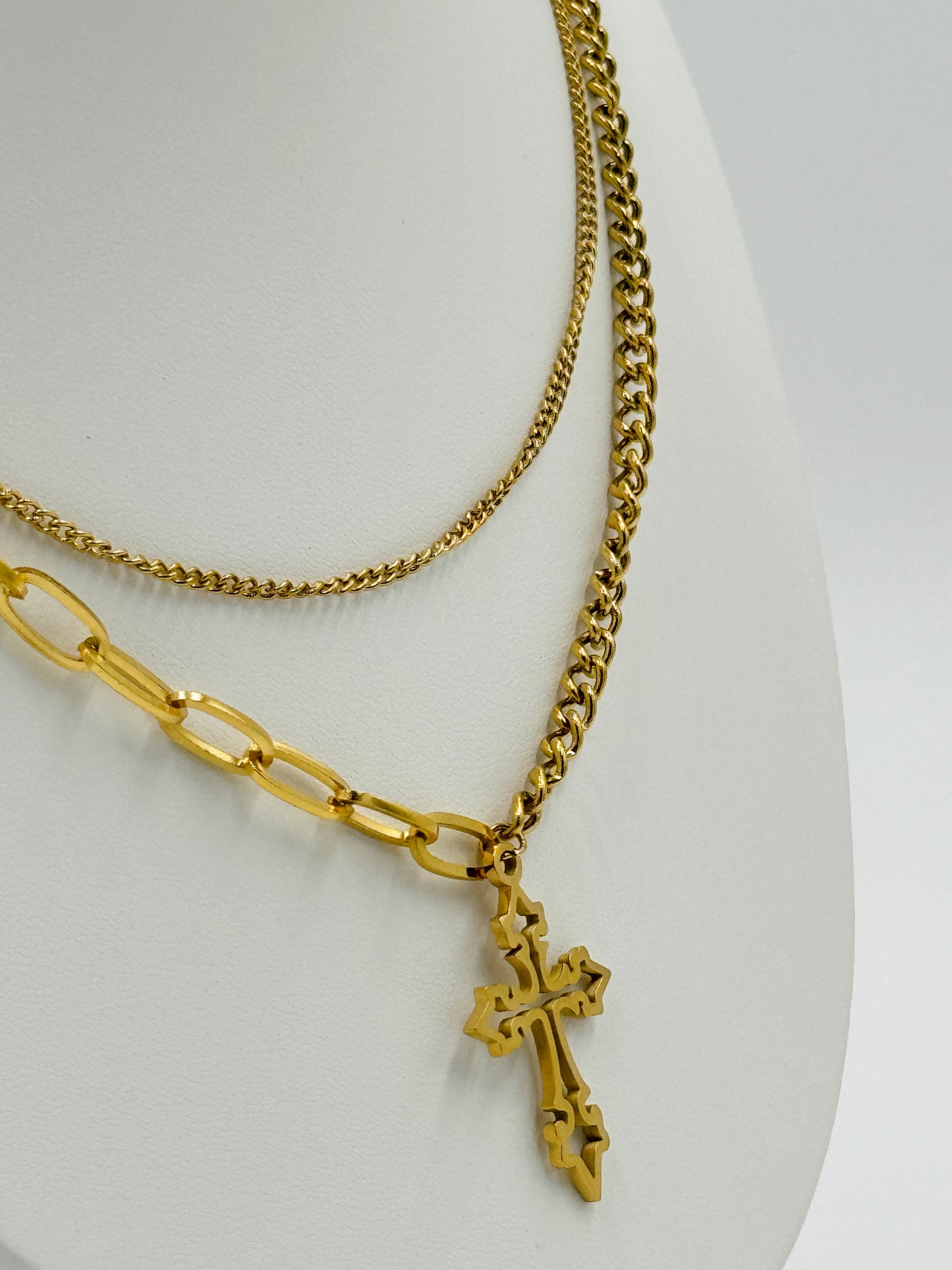 Layered Cross Pendant Necklace with Chunky Chain | Non-Tarnish, Hypoallergenic