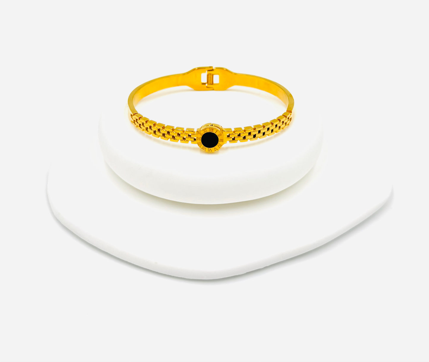 Roman Dial Chain Bangle – 18K Gold Plated with Black Enamel Center, Non-Tarnish