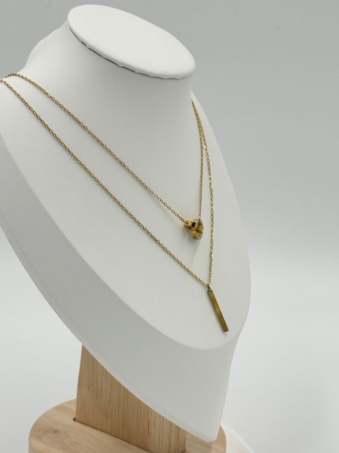Dual Pendant Layered Necklace with Ring and Bar Charm | Non-Tarnish, Hypoallergenic Jewelry