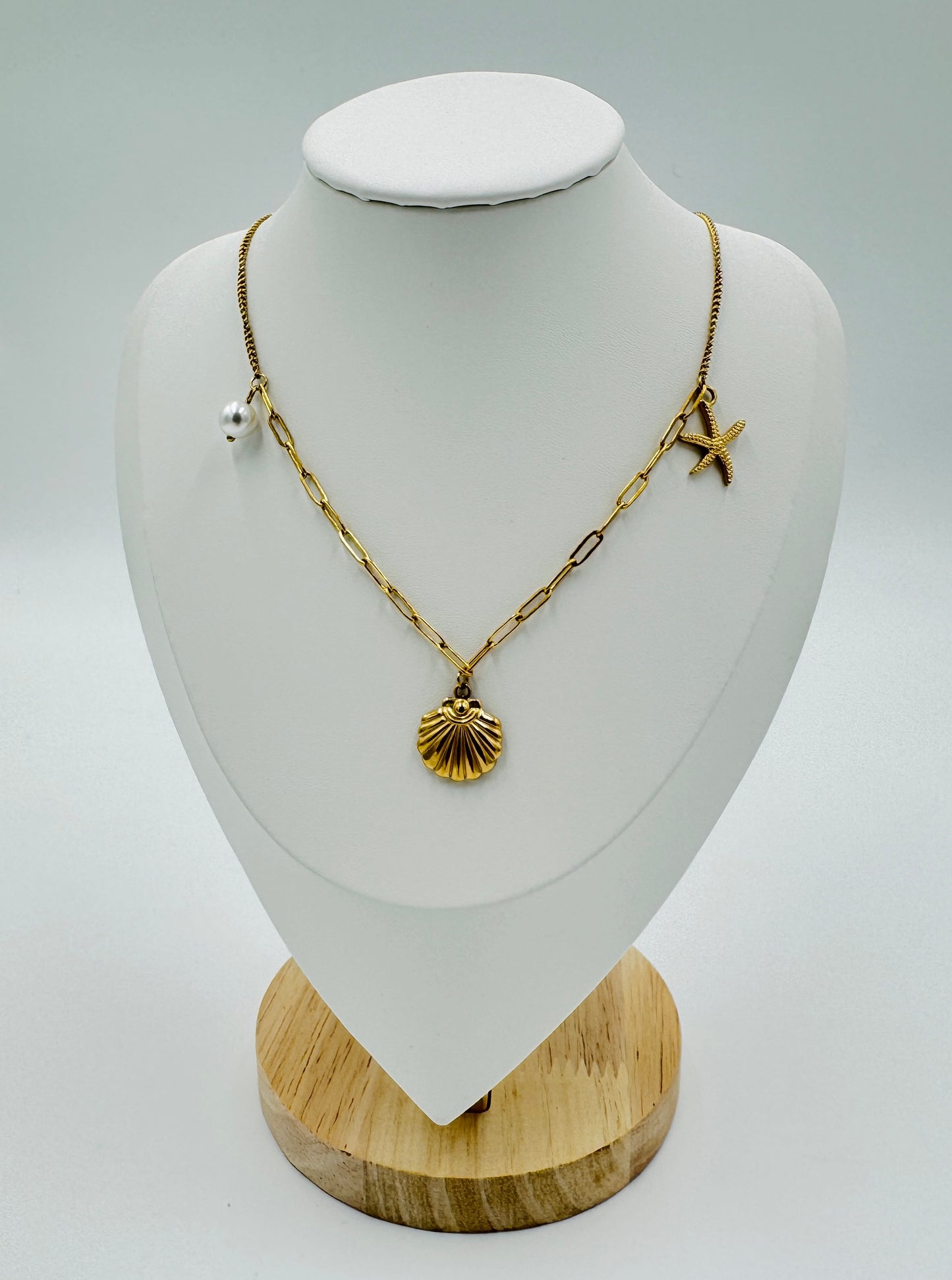 Ocean Charm Necklace with Starfish, Shell & Pearl | Non-Tarnish, Hypoallergenic