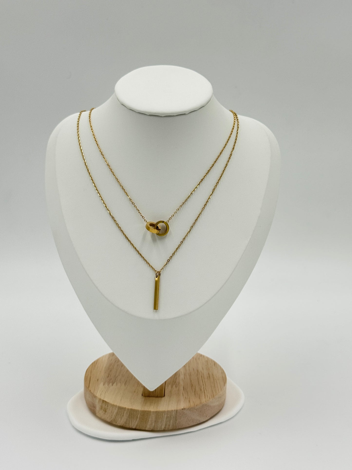 Dual Pendant Layered Necklace with Ring and Bar Charm | Non-Tarnish, Hypoallergenic Jewelry