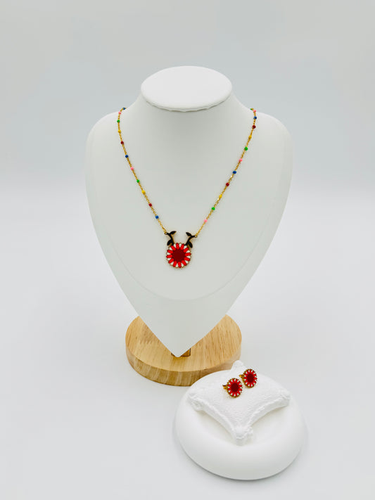 18K Gold Plated Colorful Floral Necklace and Earring Set | Non-Tarnish, Hypoallergenic Jewelry