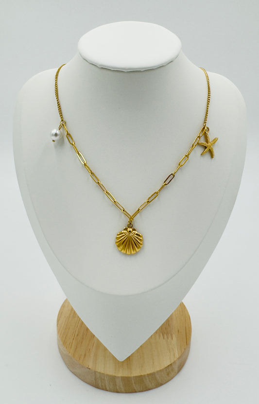 Ocean Charm Necklace with Starfish, Shell & Pearl | Non-Tarnish, Hypoallergenic