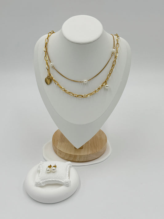 Pearl Charm Layered Necklace and Earring Set | Non-Tarnish, Hypoallergenic Jewelry