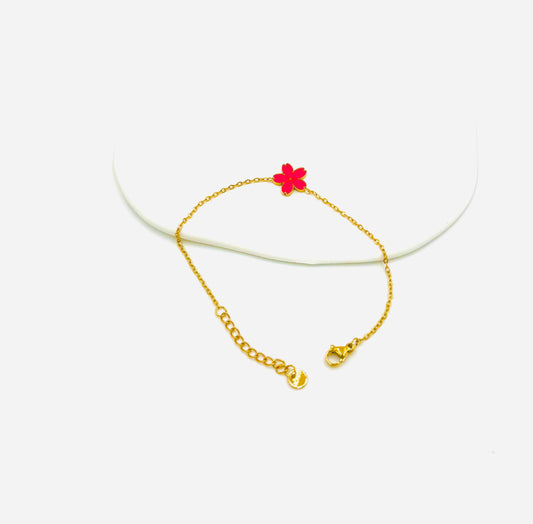 Red Flower Charm Bracelet – 18K Gold Plated, Delicate Chain, Adjustable