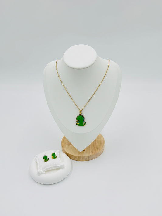 Cute Dinosaur Necklace & Earring Set for Kids – 18K Gold Plated