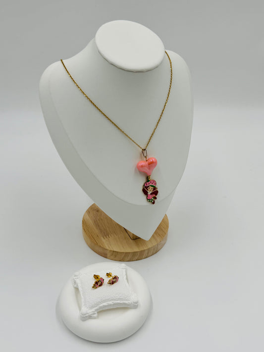 Cute Strawberry Girl Necklace & Earrings Set – Non-Tarnish, Hypoallergenic