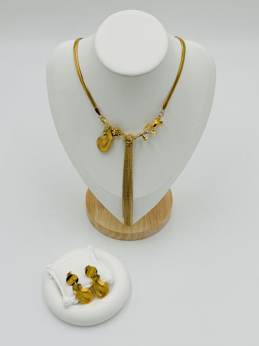 Boho Leaf & Tassel Necklace with Earrings – 18K Gold Plated