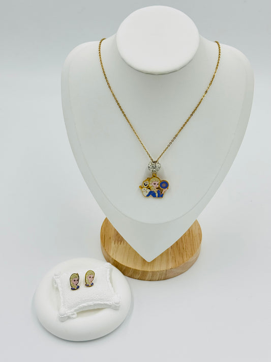 Princess Character Necklace and Earring Set | Non-Tarnish, Hypoallergenic Jewelry