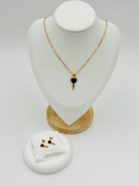Black Heart Key Pendant Necklace and Earring Set | Non-Tarnish, Hypoallergenic Jewelry