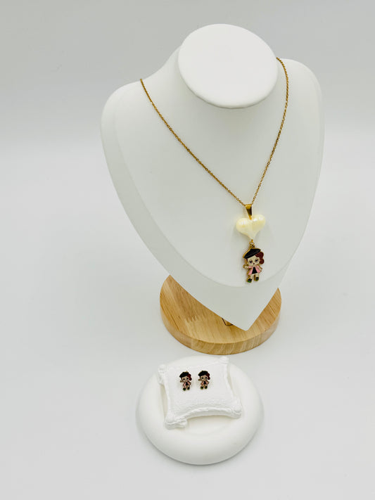 Cute Girl Pendant Necklace and Earring Set | Non-Tarnish, Hypoallergenic