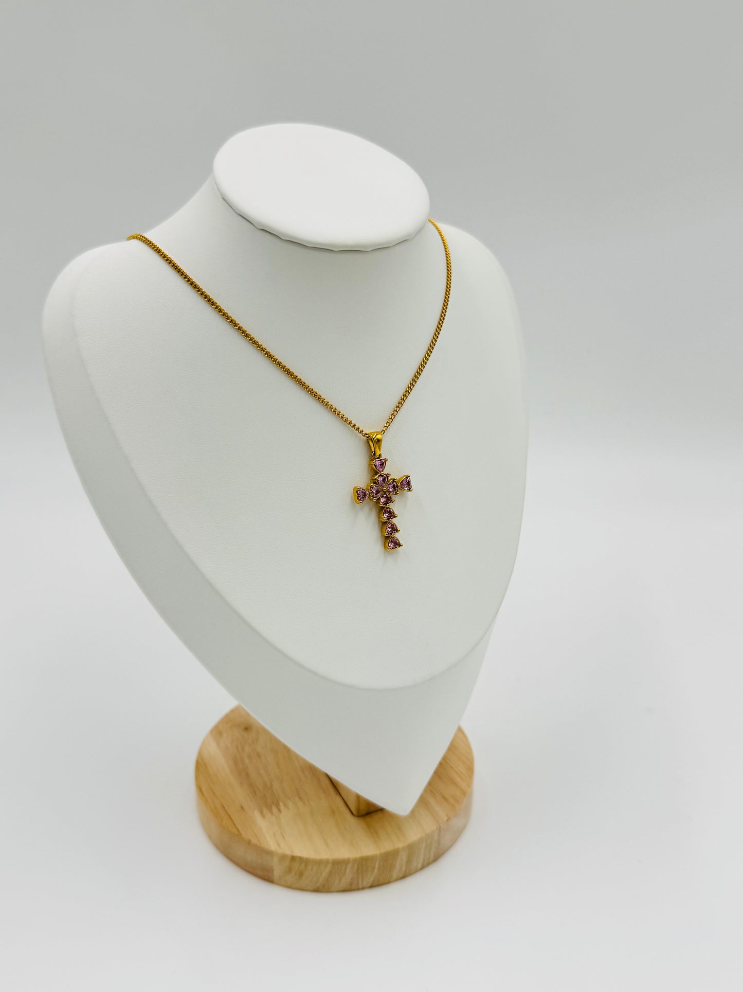 Elegant Pink Crystal Cross Necklace – Non-Tarnish, Hypoallergenic
