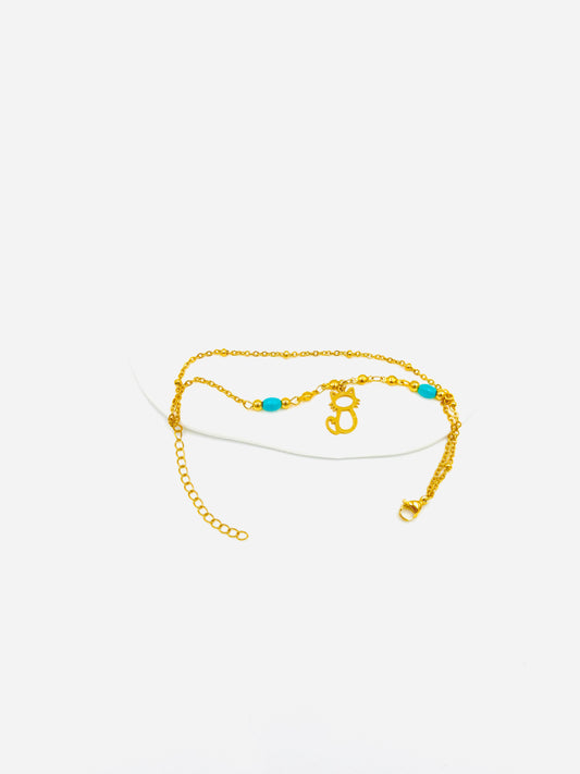 Turquoise Bead Cat Charm Bracelet – 18K Gold Plated, Adjustable Chain