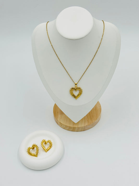 Textured Heart Necklace and Earring Set | Non-Tarnish, Hypoallergenic Jewelry