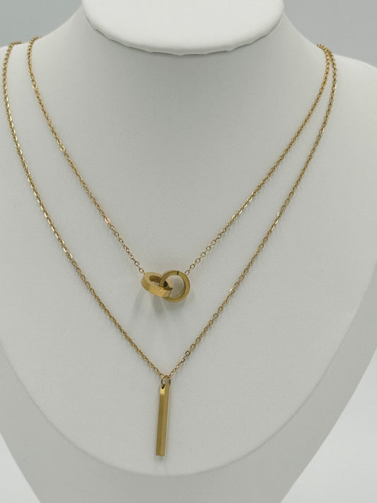 Dual Pendant Layered Necklace with Ring and Bar Charm | Non-Tarnish, Hypoallergenic Jewelry