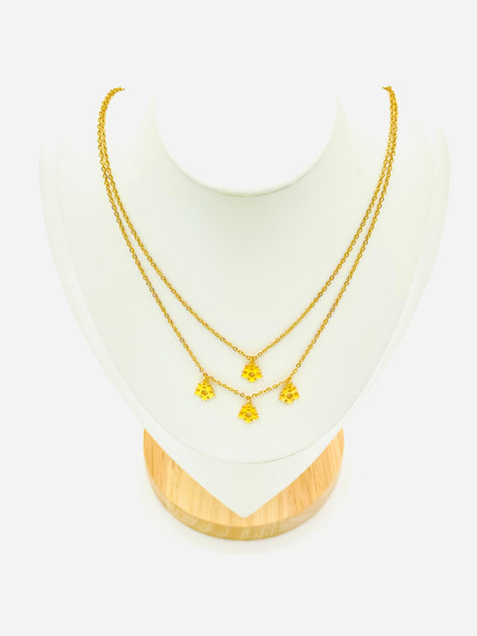 Layered Honeycomb Charm Necklace – 18K Gold Plated, Double Chain