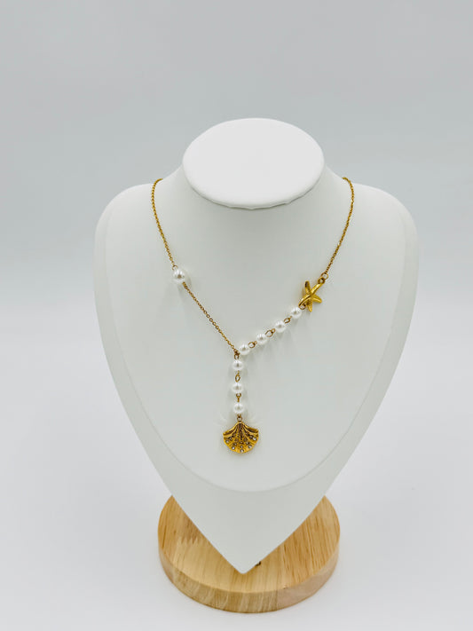 18K Gold Plated Pearl Necklace with Starfish and Shell Charm | Non-Tarnish, Hypoallergenic
