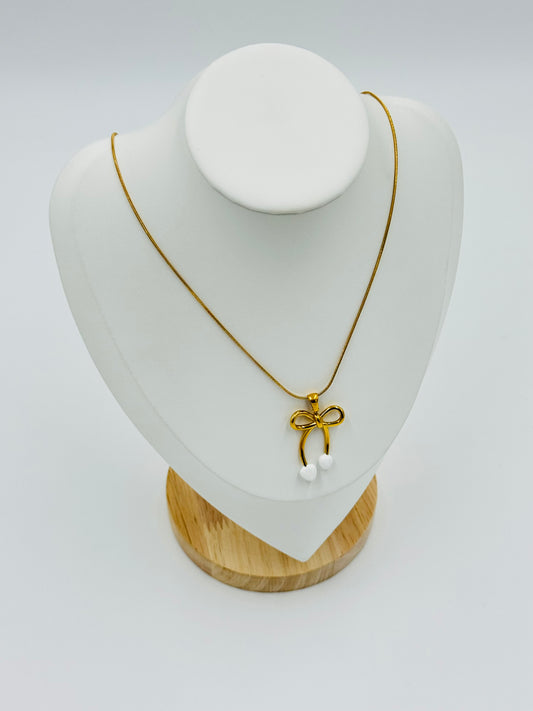 Elegant Ribbon Bow Necklace – 18K Gold Plated with Pearl Drop, Hypoallergenic