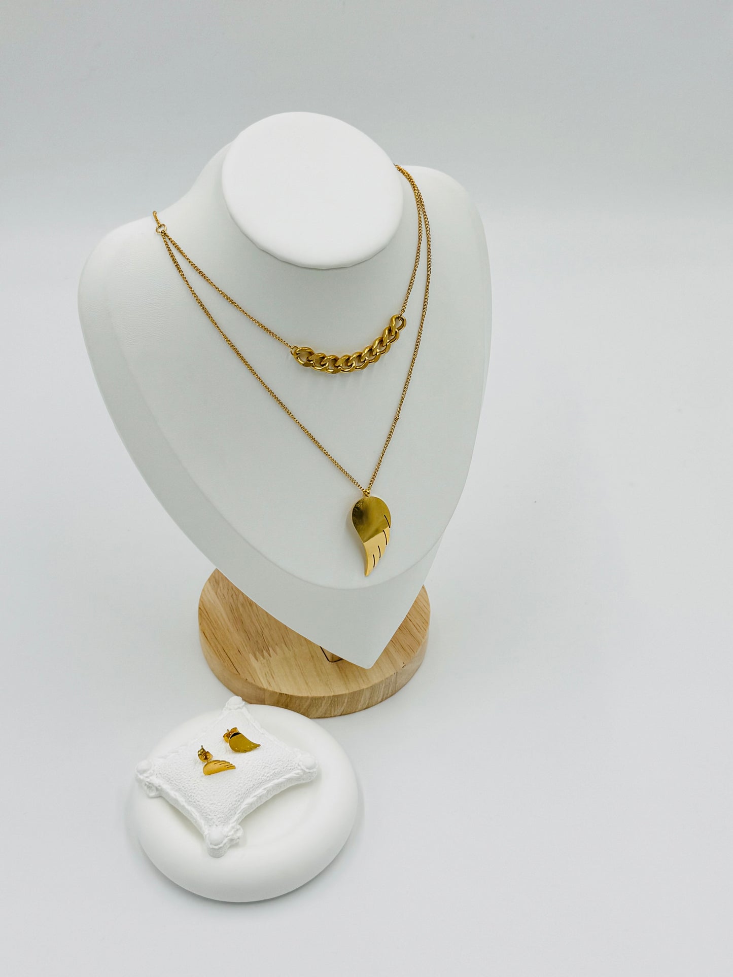 Layered Angel Wing Necklace & Earring Set – 18K Gold Plated