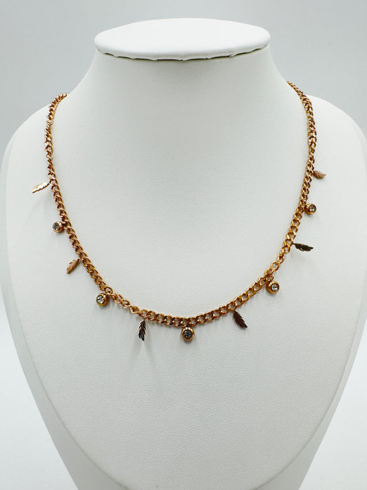Rose Gold Dainty Charm Necklace with Crystal & Feather Accents | Non-Tarnish, Hypoallergenic