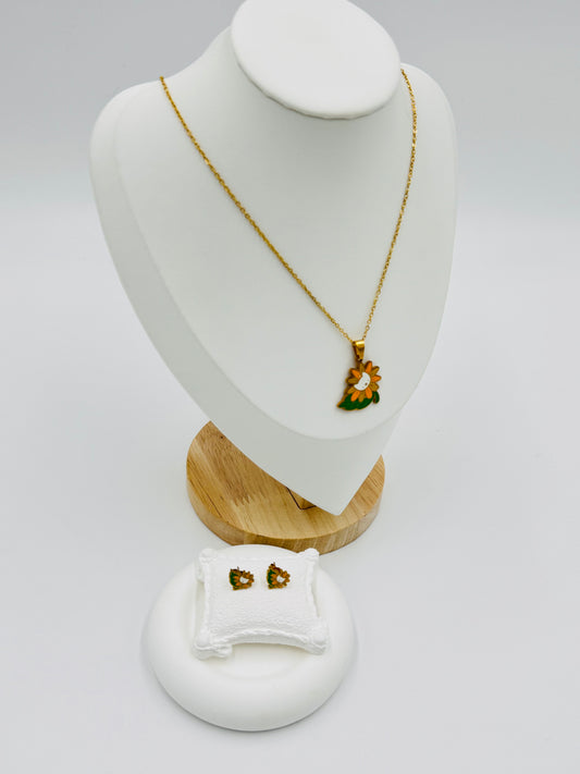 Sunflower Bloom Pendant Necklace & Earring Set – Gold Plated, Hypoallergenic