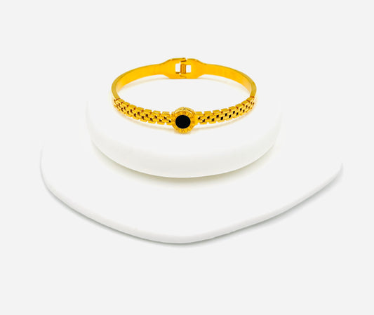 Roman Dial Chain Bangle – 18K Gold Plated with Black Enamel Center, Non-Tarnish