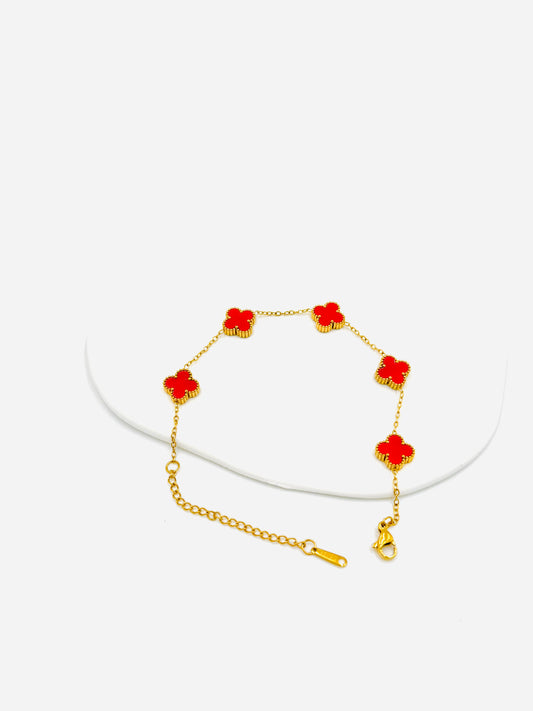 Red Clover Charm Bracelet – 18K Gold Plated, Enamel Design & Hypoallergenic