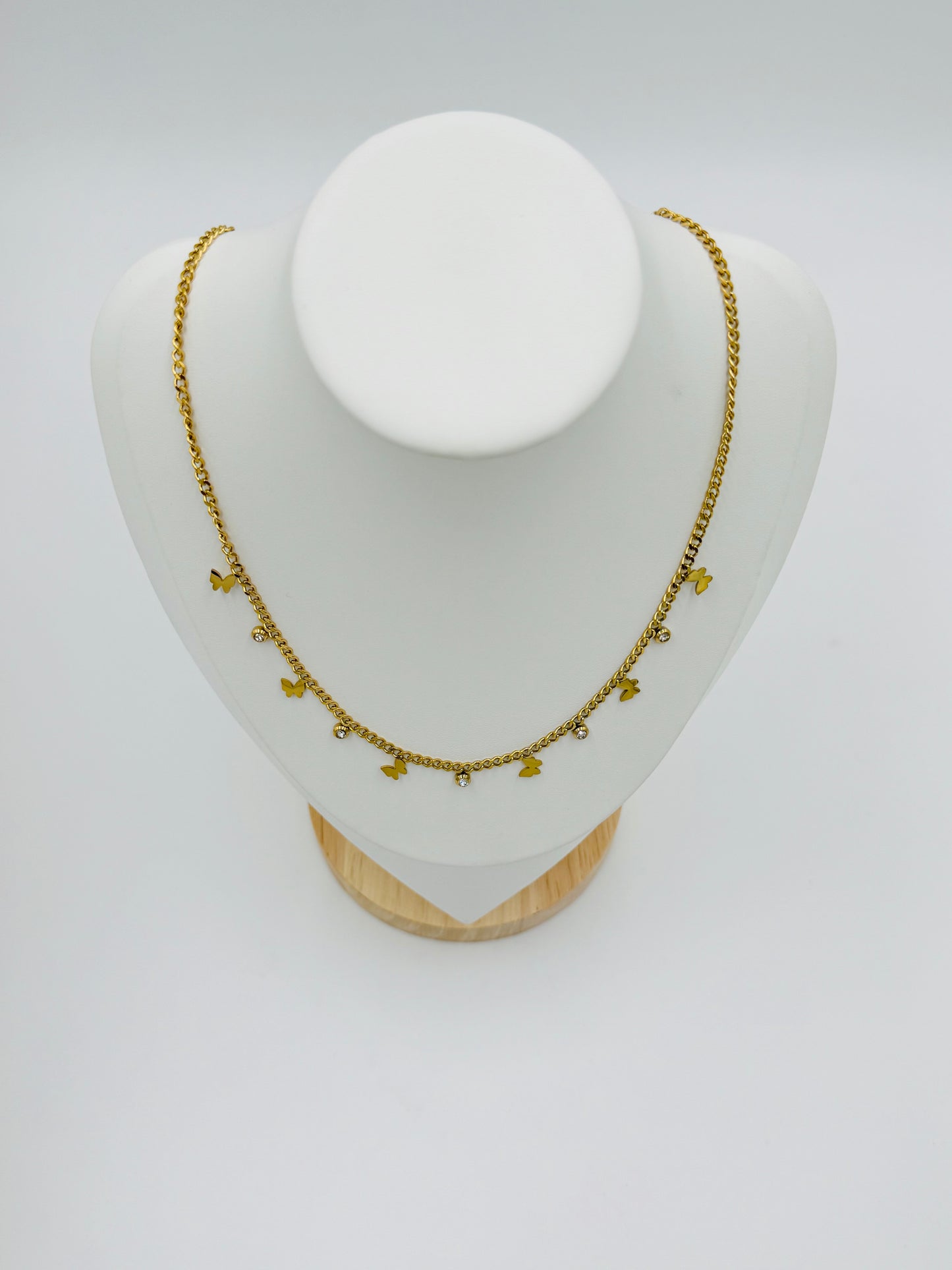 Butterfly & Crystal Drop Charm Necklace – 18K Gold Plated, Hypoallergenic