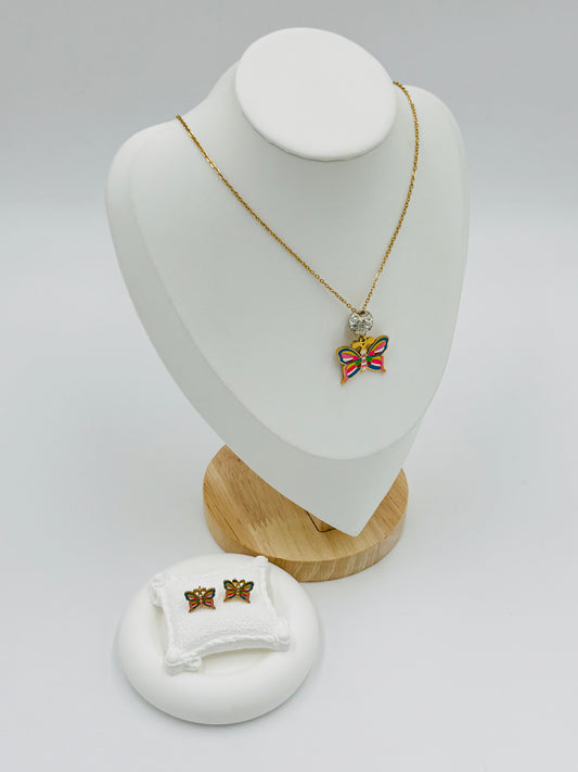 Colorful Butterfly Necklace and Earring Set | Non-Tarnish, Hypoallergenic Jewelry