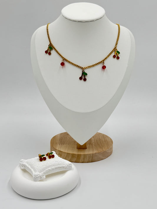 Cherry Charm Necklace & Earring Set – 18K Gold Plated
