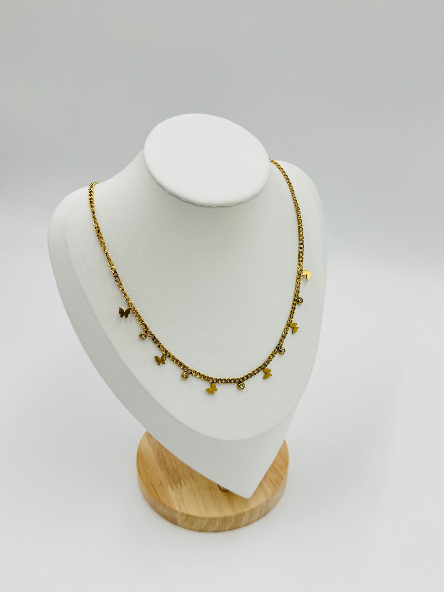 Butterfly & Crystal Drop Charm Necklace – 18K Gold Plated, Hypoallergenic