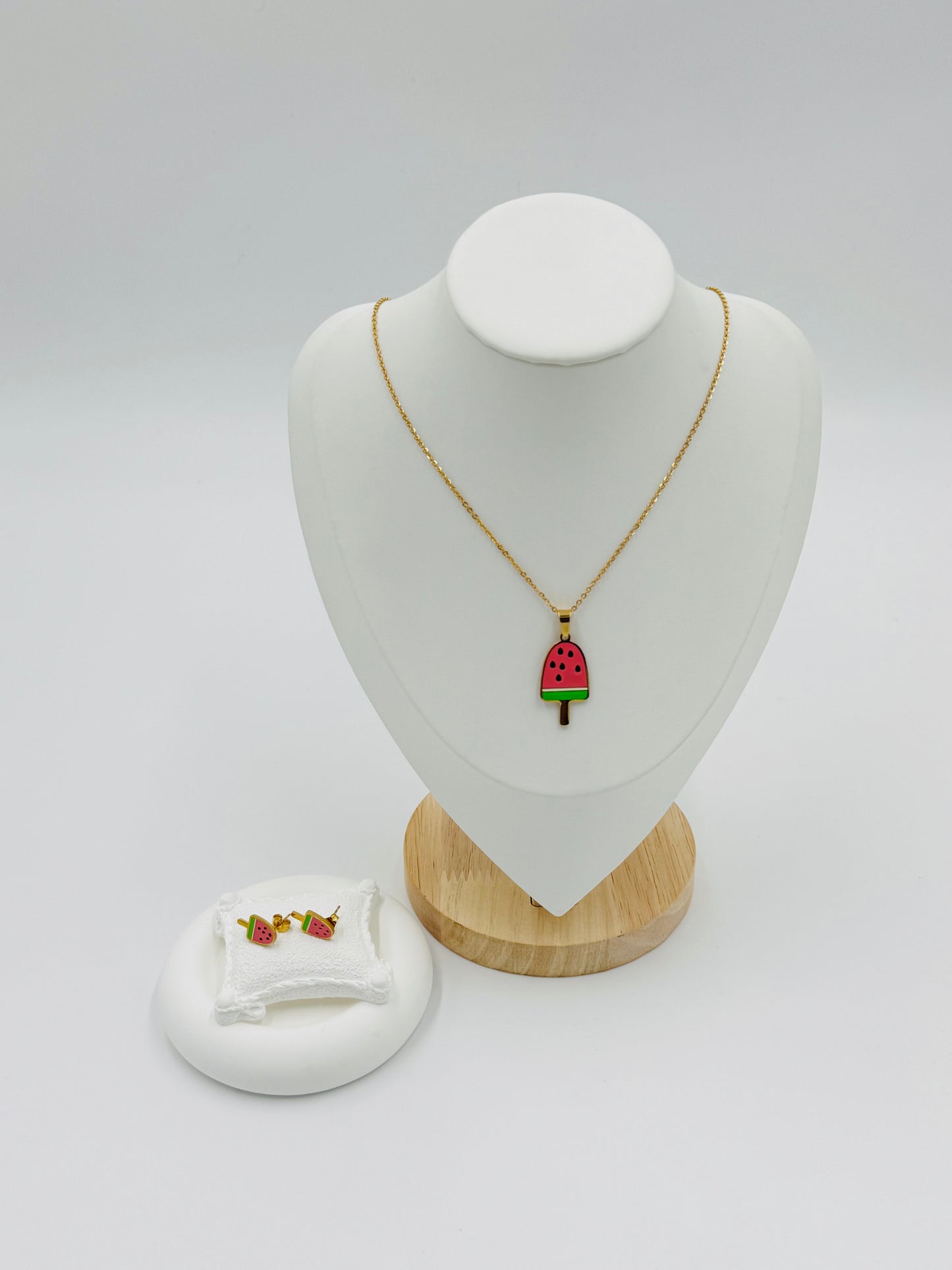 Watermelon Popsicle Pendant & Earring Set – 18K Gold Plated, Fun & Hypoallergenic