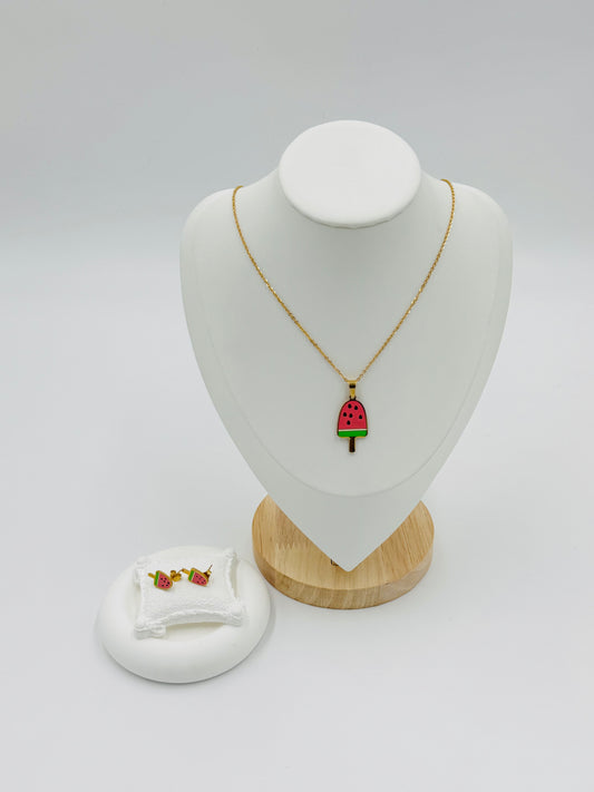 Watermelon Popsicle Pendant & Earring Set – 18K Gold Plated, Fun & Hypoallergenic