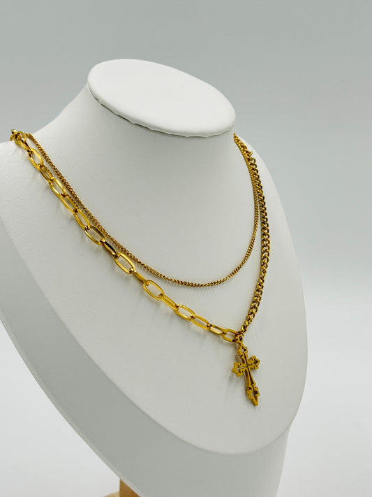 Layered Cross Pendant Necklace with Chunky Chain | Non-Tarnish, Hypoallergenic