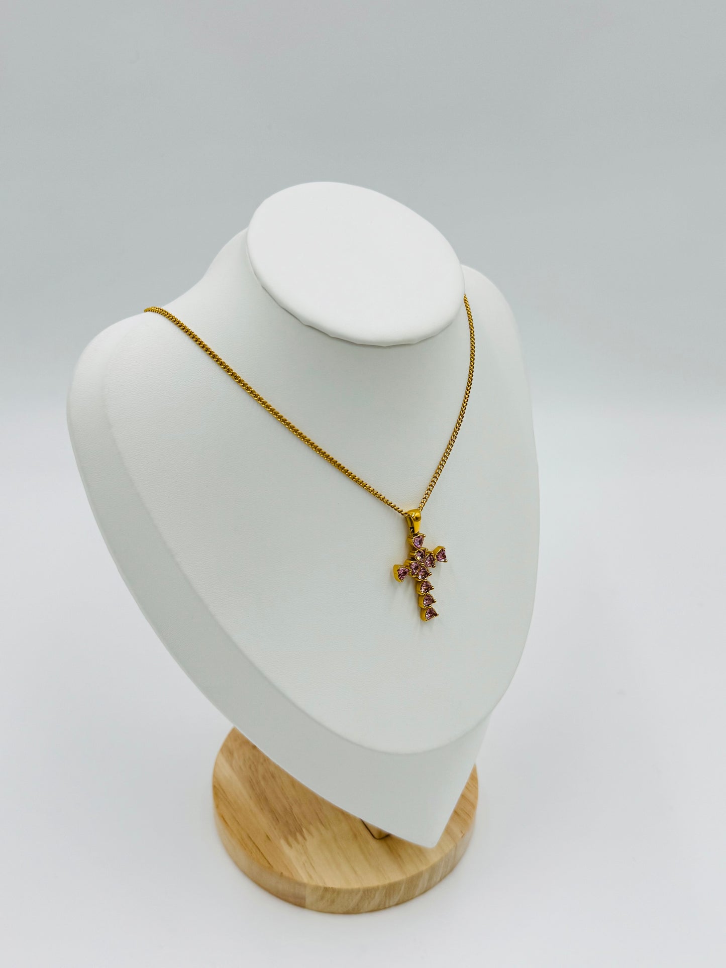 Elegant Pink Crystal Cross Necklace – Non-Tarnish, Hypoallergenic