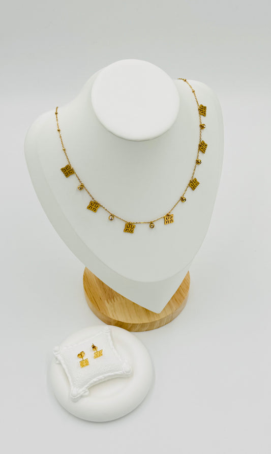 Geometric Square Necklace & Earring Set – 18K Gold Plated