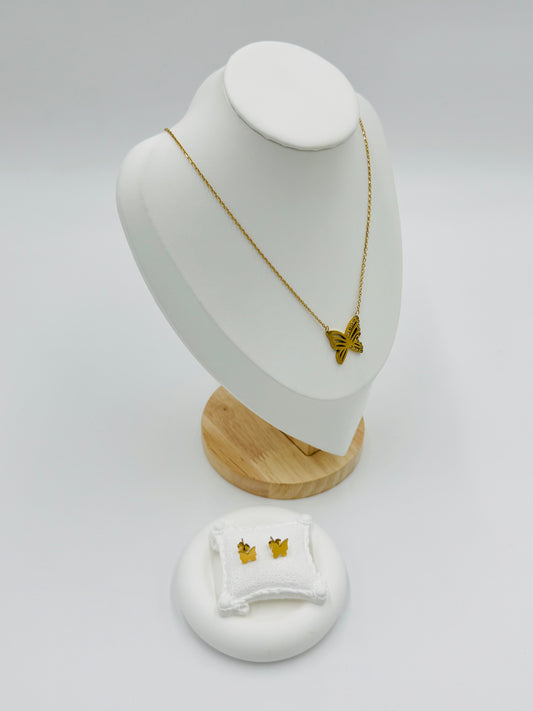 Butterfly Silhouette Necklace & Earring Set – 18K Gold Plated, Hypoallergenic