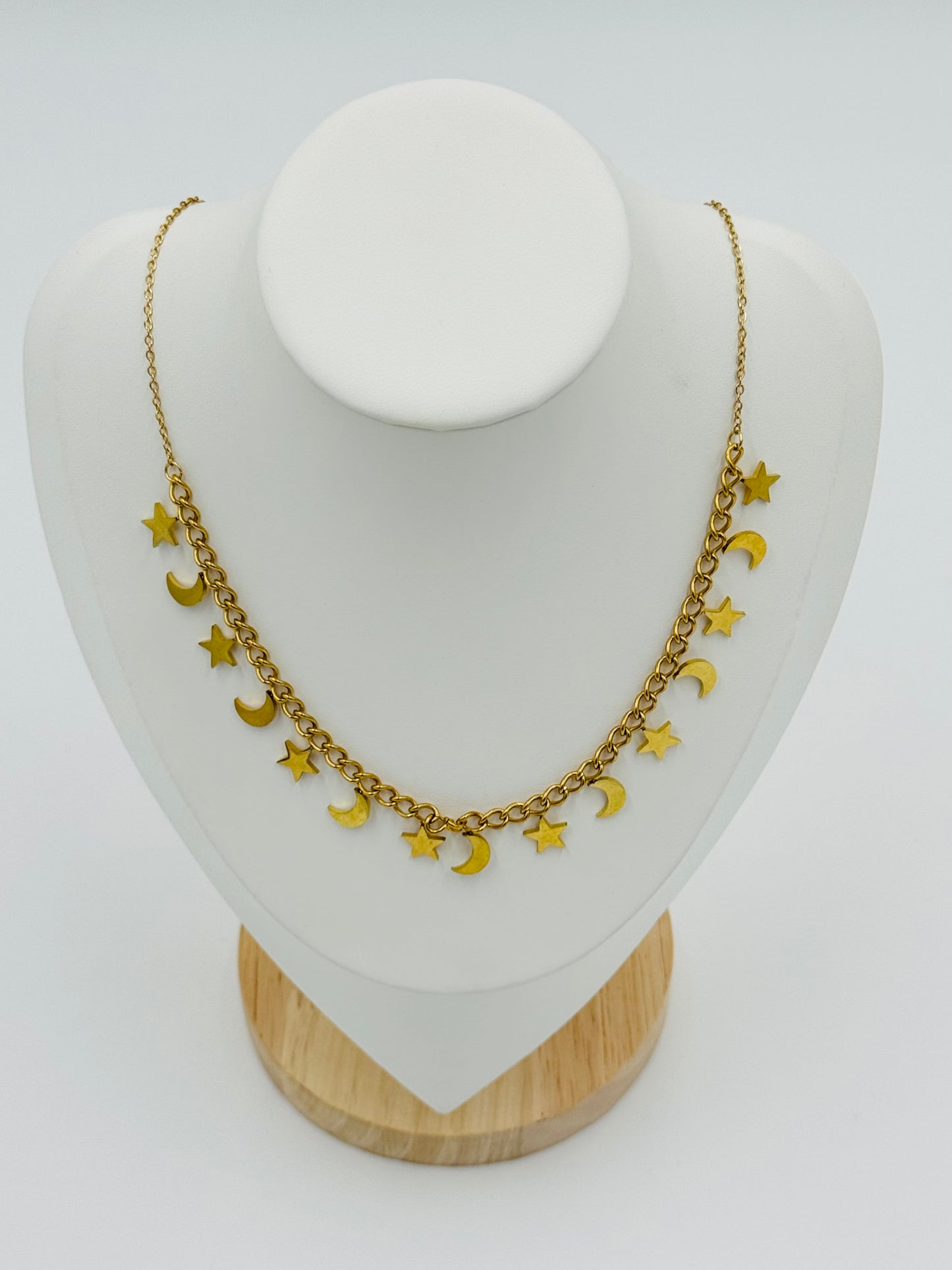 Celestial Charm Necklace – 18K Gold Plated Moon & Star Design, Non-Tarnish