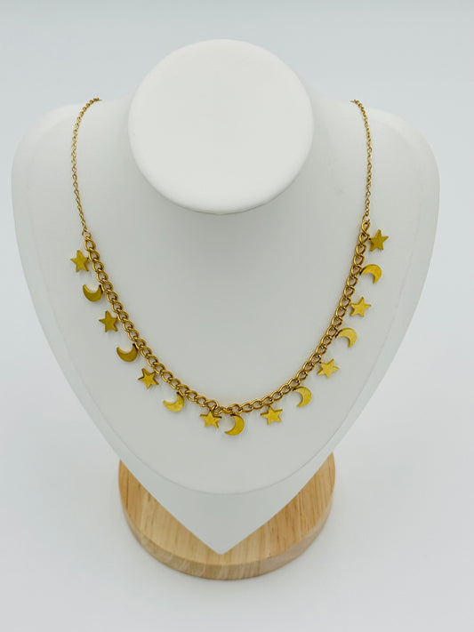 Celestial Charm Necklace – 18K Gold Plated Moon & Star Design, Non-Tarnish